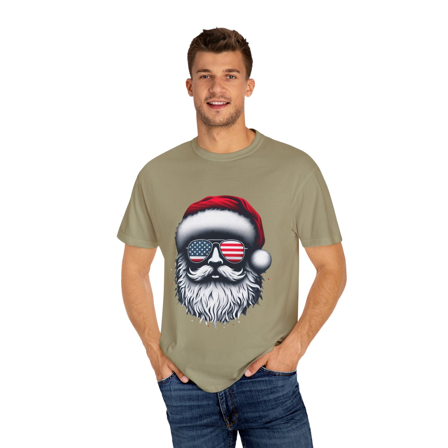 Clover Cool Santa T-Shirt – American Flag Sunglasses Christmas Tee for Men & Women