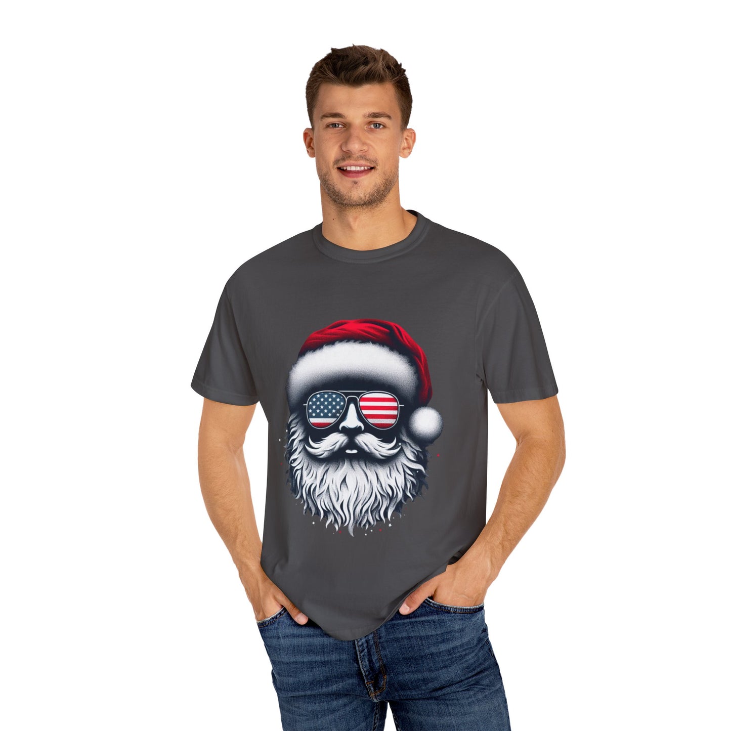 Clover Cool Santa T-Shirt – American Flag Sunglasses Christmas Tee for Men & Women