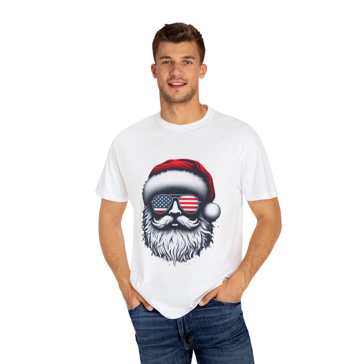 Clover Cool Santa T-Shirt – American Flag Sunglasses Christmas Tee for Men & Women