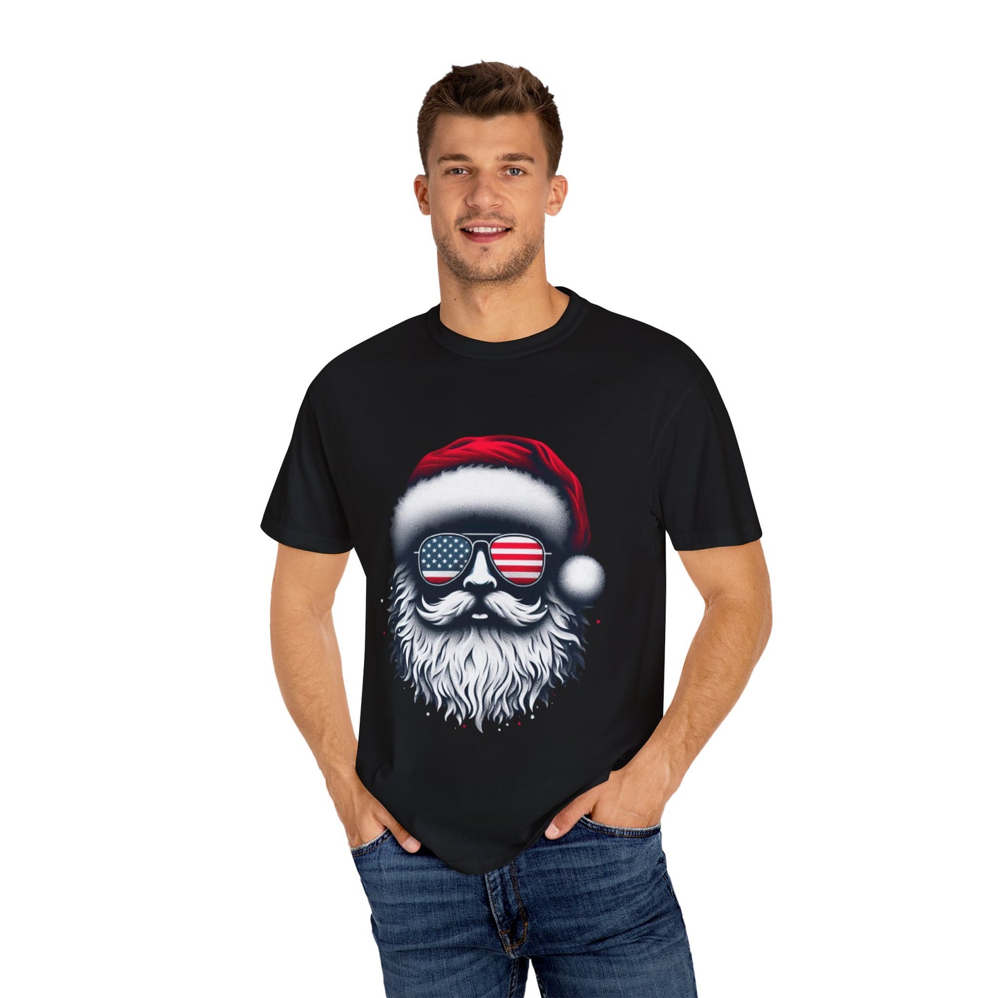 Clover Cool Santa T-Shirt – American Flag Sunglasses Christmas Tee for Men & Women