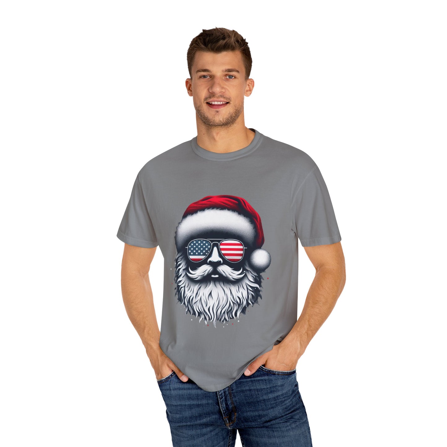 Clover Cool Santa T-Shirt – American Flag Sunglasses Christmas Tee for Men & Women